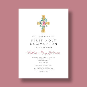 Invitation Elégante Croix rose Florale Première Communion Sai