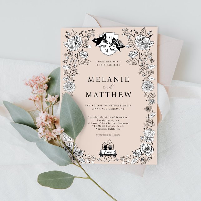 Invitation Elégante croquis floral Fox Woodland Fairytale (Elegant Woodland Fox Floral Sketch Fairytale Invitation)