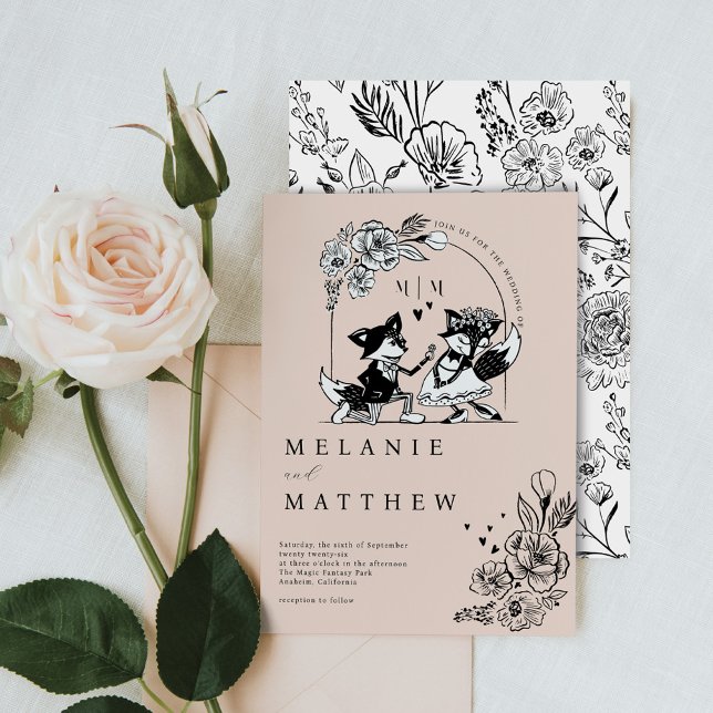 Invitation Elégante croquis floral Fox Woodland Fairytale (Elegant Woodland Fox Floral Sketch Fairytale Invitation)