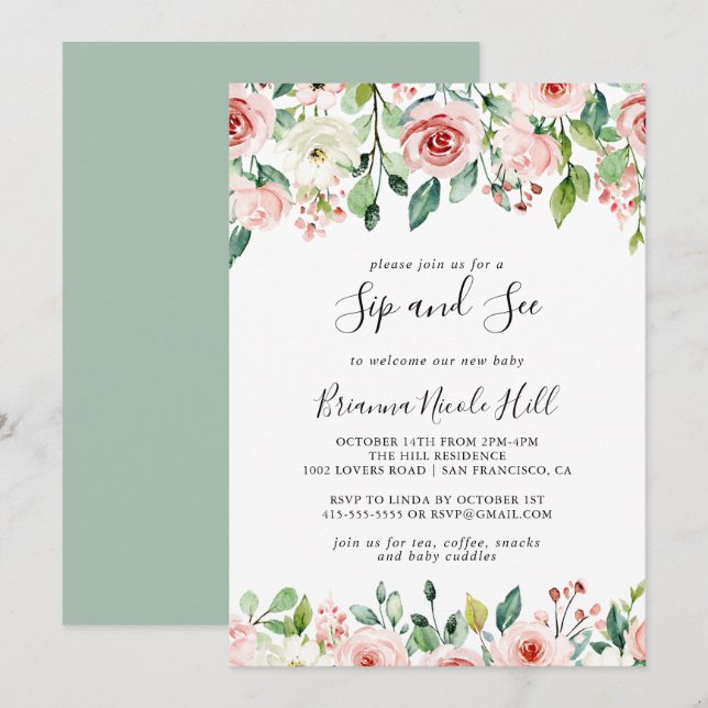 Invitation Elégante Dainty Automne Floral Sip et Voir (Devant / Derrière)
