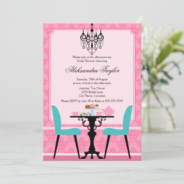 Invitation Elégante Damas et lustre Pink Aqua Tea Party (Debout devant)