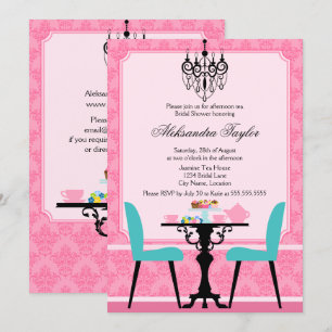 Invitation Elégante Damas et lustre Pink Aqua Tea Party