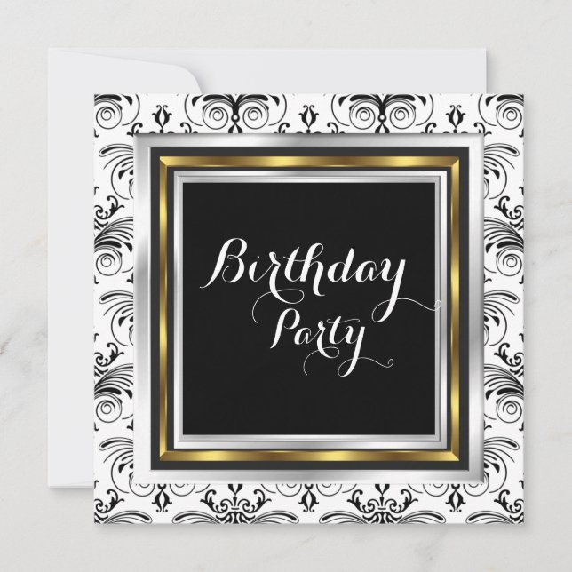 Invitation Elégante Damask Anniversaire Party Gold Black Whit (Devant)
