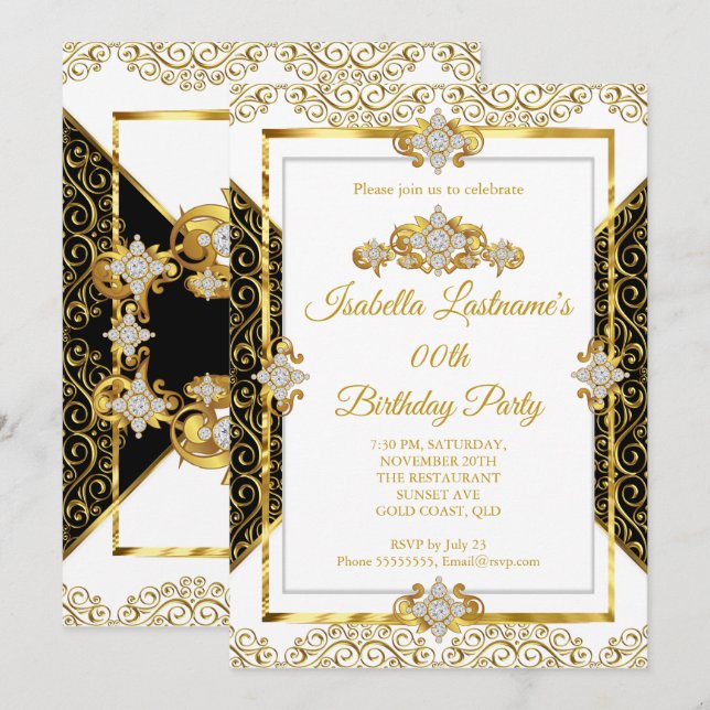 Invitation Elégante Damask Or Blanc Diamond Anniversaire (Devant / Derrière)