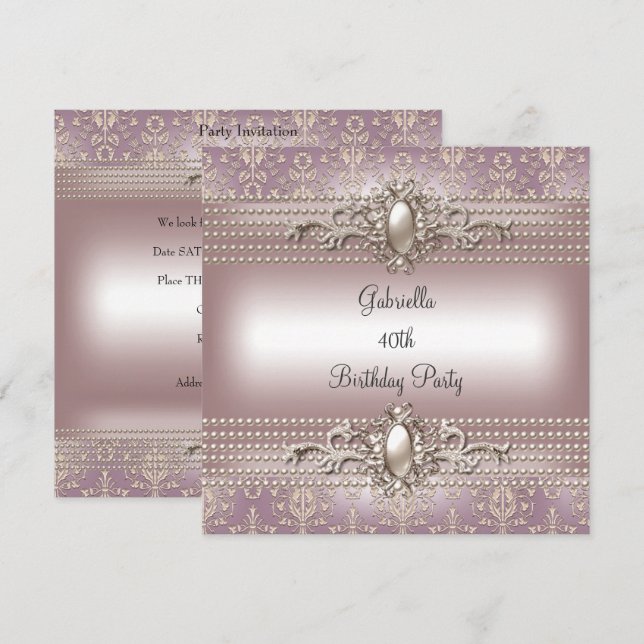 Invitation Elégante Damask Pink Cream Pearl fête d'anniversai (Devant / Derrière)