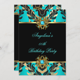 Invitation Elégante Damask Turquoise Blue Gold Black Annivers