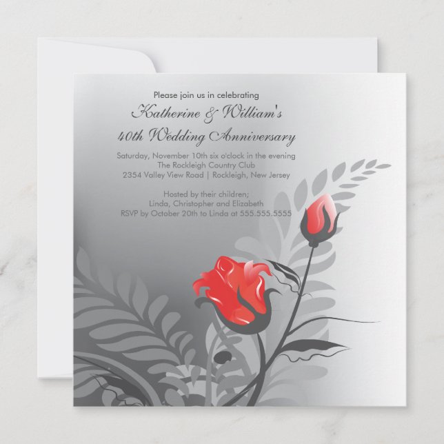 Invitation élégante d'anniversaire de rose rouge (Devant)