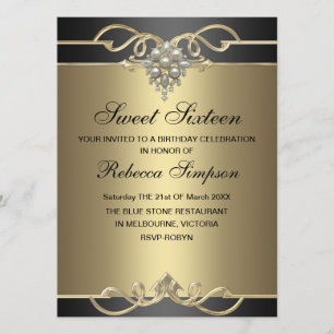 Invitation élégante de 16 ans avec perle dorée pou