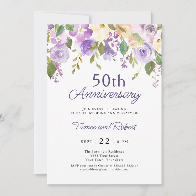 Invitation élégante de 50 ans de mariage violet (Devant)