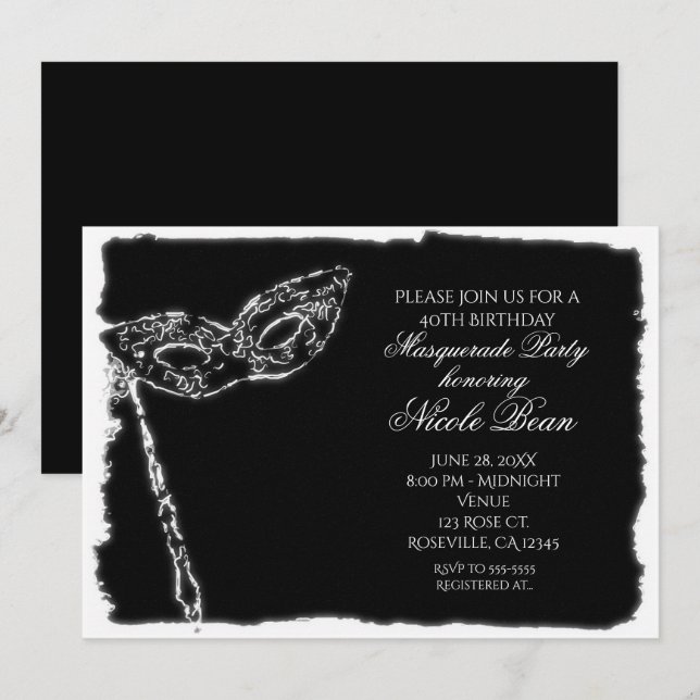 Invitation élégante de bal masqué noir et blanc (Devant / Derrière)
