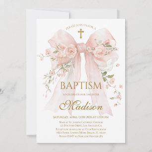 Invitation élégante de baptême à ruban floral rose