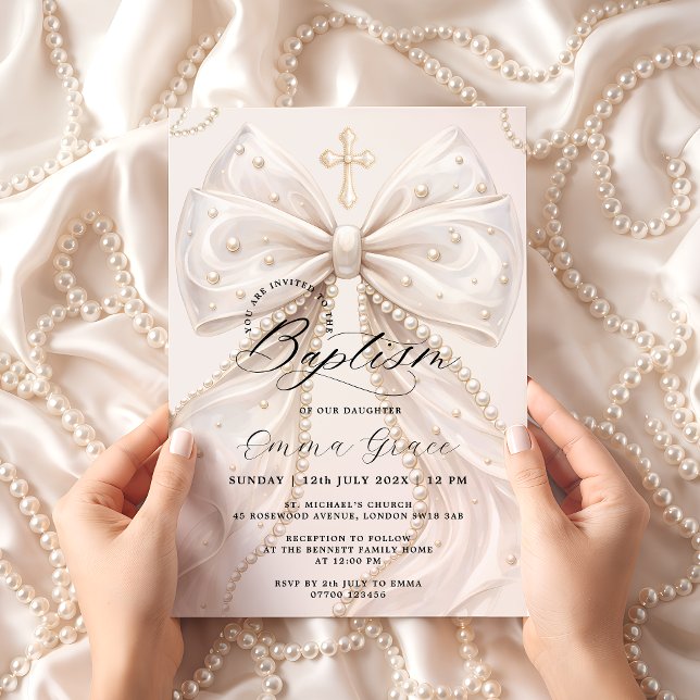 Invitation élégante de baptême au ruban perlé Coqu (Créateur téléchargé)