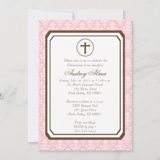 Invitation élégante de baptême de fille - rose (Devant)