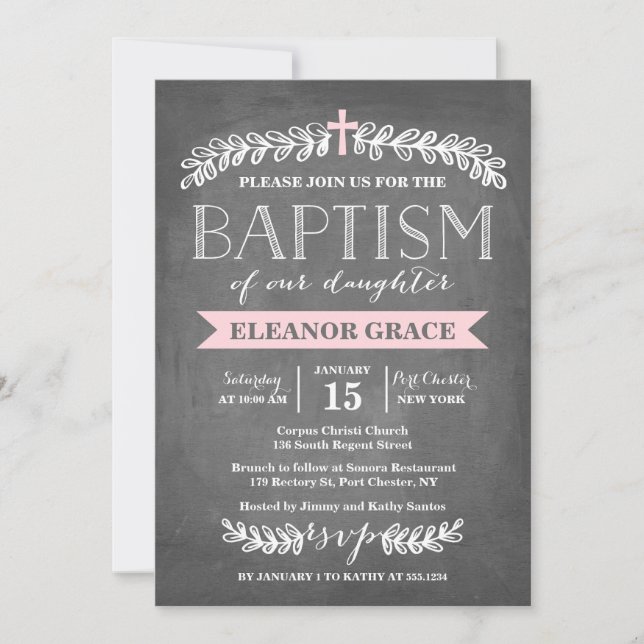 Invitation élégante de baptême du rose | de (Devant)