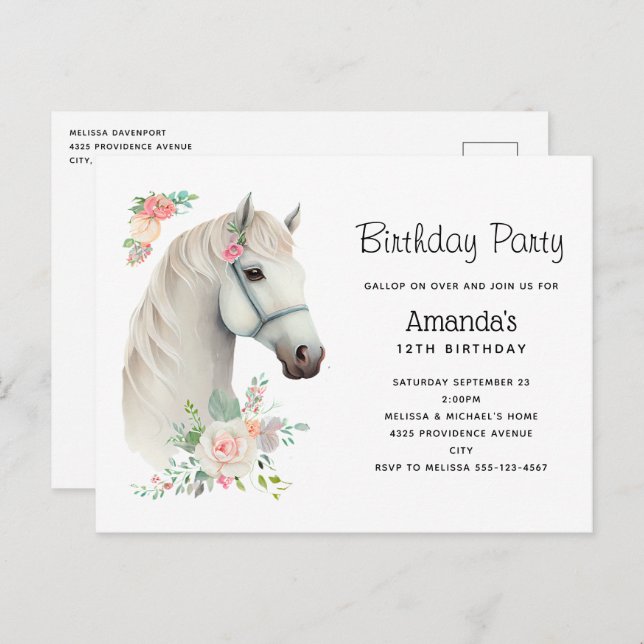 Invitation élégante de cheval blanc boho floral po (Devant / Derrière)