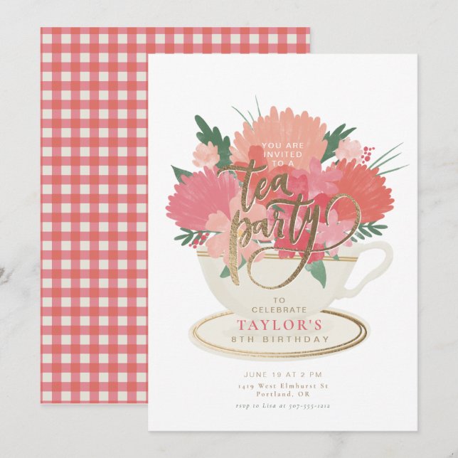 Invitation élégante de fête de thé à la tasse flor (Devant / Derrière)