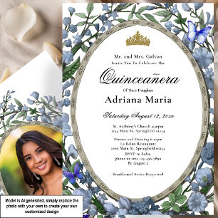 Invitation élégante de Quinceanera à fleurs bleues