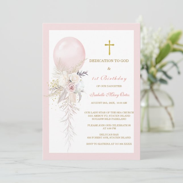 Invitation Élégante dédicace florale et 1er anniversaire (Debout devant)
