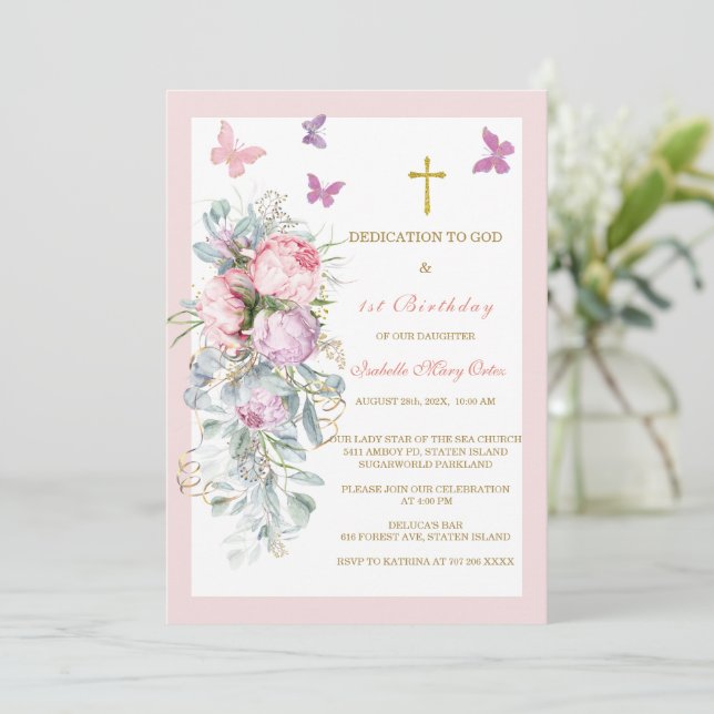 Invitation Élégante dédicace florale et 1er anniversaire (Debout devant)