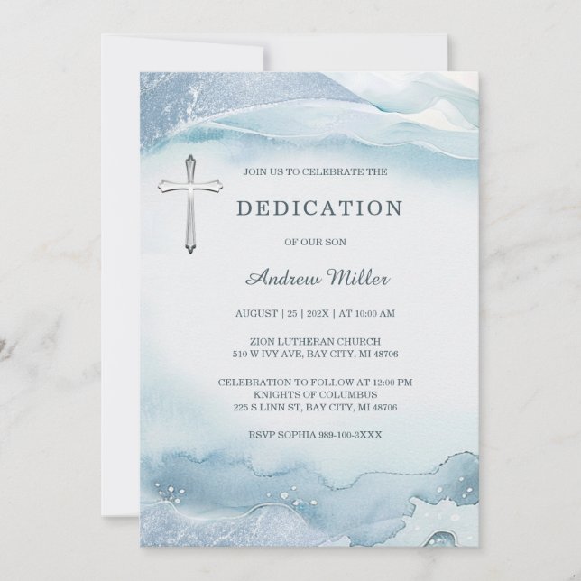 Invitation Élégante Dédication d'aquarelle bleue pour garçon (Devant)