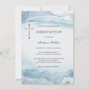 Invitation Élégante Dédication d'aquarelle bleue pour garçon