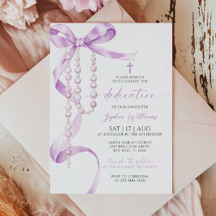 Invitation Élégante Dédication Lavender Bow & Rosary