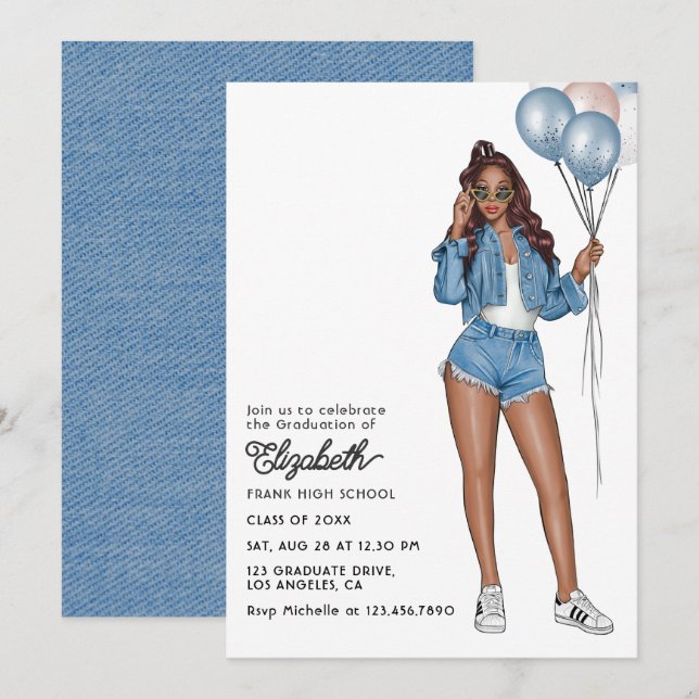Invitation Élégante Denim Girl avec Ballons Graduation Party (Devant / Derrière)