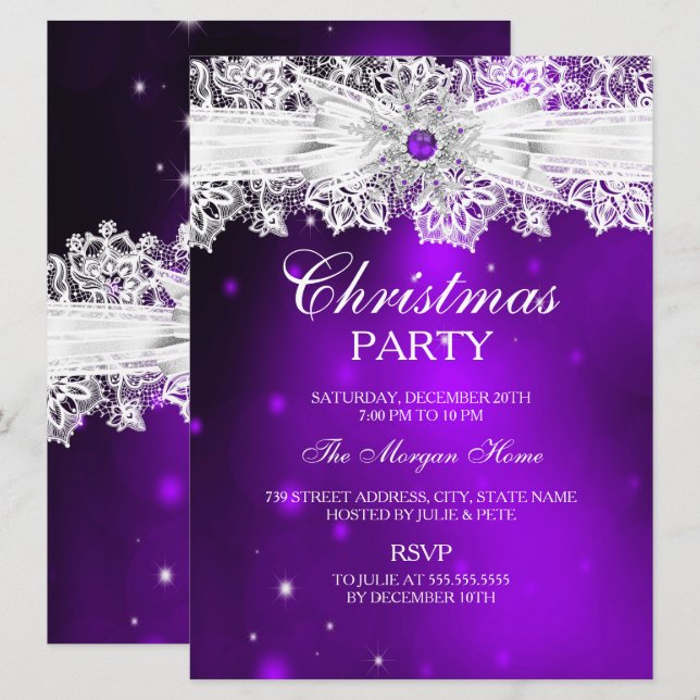 Invitation Élégante dentelle Bow violet fête de Noël (Devant / Derrière)