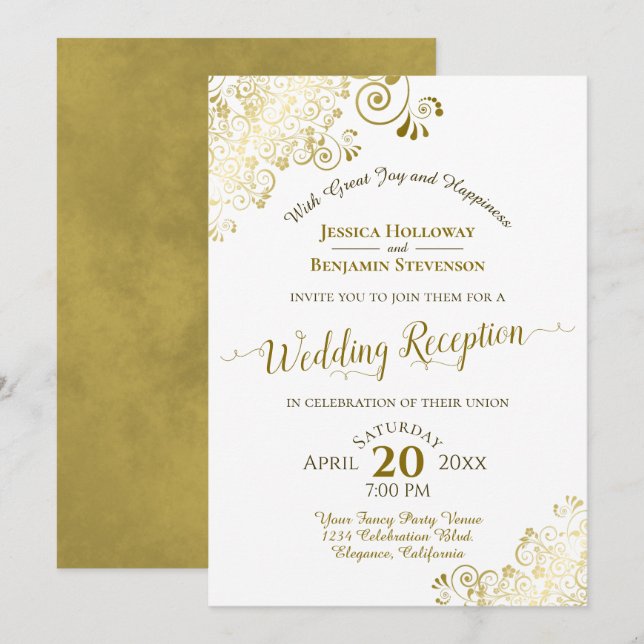 Invitation Elégante dentelle d'or et réception de mariage bla (Devant / Derrière)