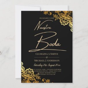 Invitation Élégante dentelle d'or noir Mariage moderne