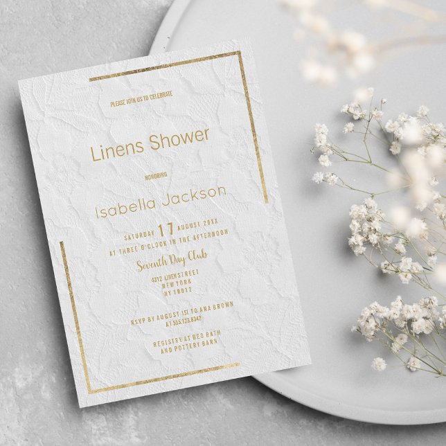 Invitation Elégante dentelle fleurie or blanc Linens Douche (Elegant white gold floral lace Linens Shower )