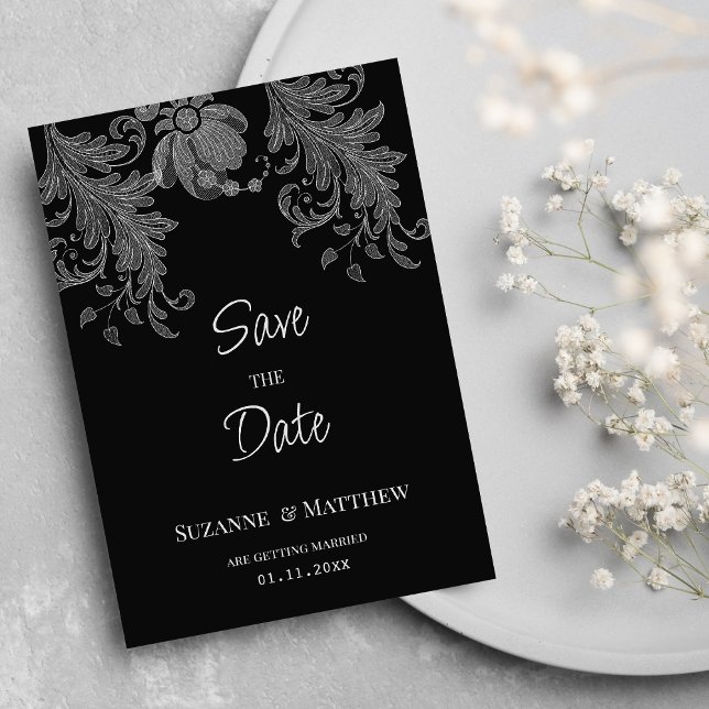 Invitation Élégante dentelle florale noire et blanche Enregis (Elegant black and white floral lace Save the Date)