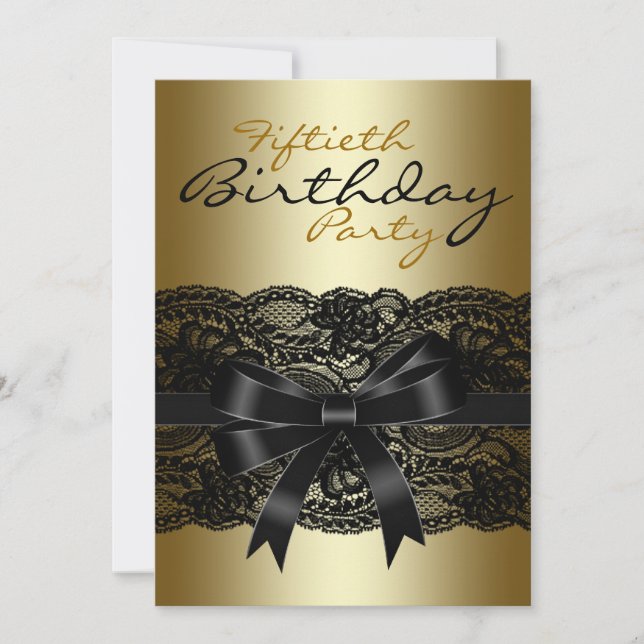 Invitation Élégante dentelle noire et or fête d'anniversaire (Devant)