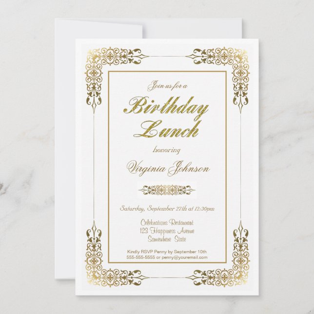 Invitation Elégante Dentelle Ornée Or Anniversaire Déjeuner (Devant)