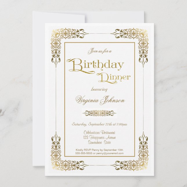 Invitation Elégante Dentelle Ornée Or Anniversaire Dîner (Devant)