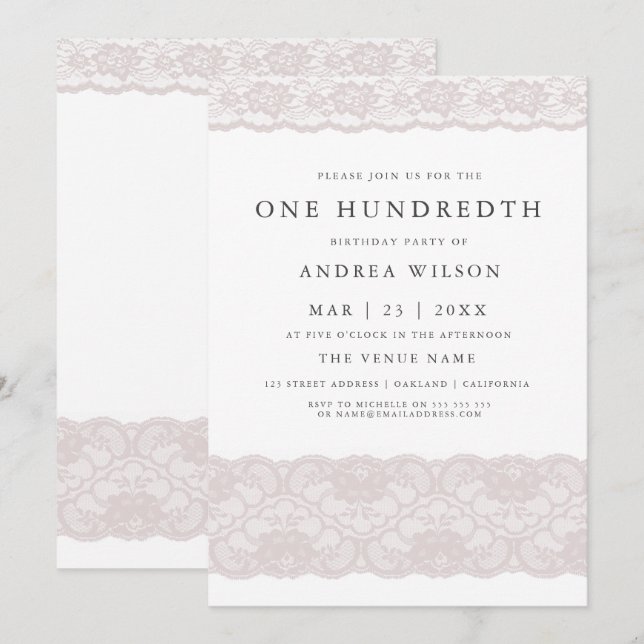 Invitation Élégante dentelle rose 100e anniversaire Invitatio (Devant / Derrière)