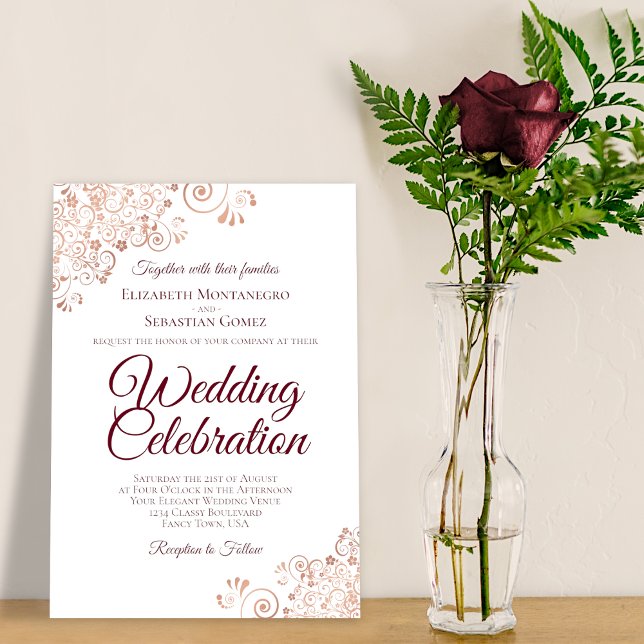 Invitation Elégante dentelle Rose or avec Mariage de texte Bo (Créateur téléchargé)