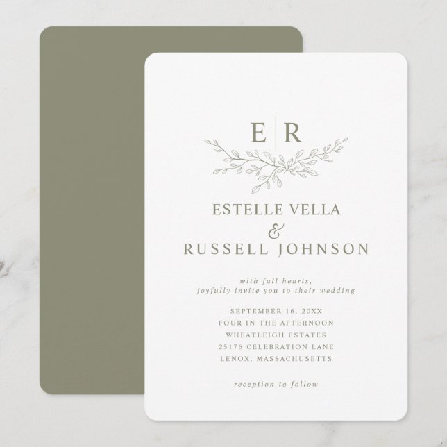 Invitation Élégante Direction de la verdure Monogramme Mariag (Devant / Derrière)