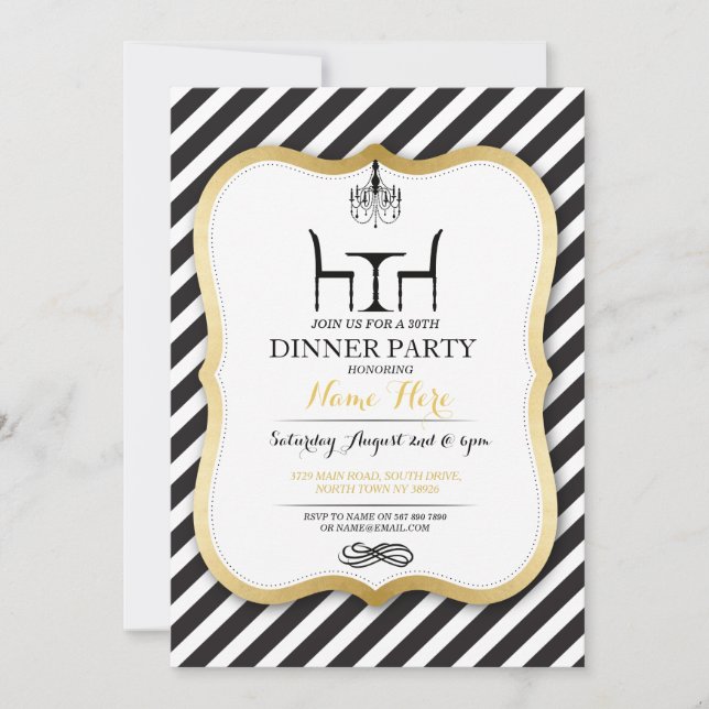 Invitation élégante d'or de dîner d'anniversaire (Devant)