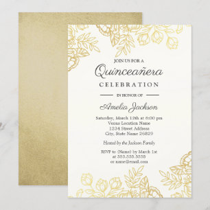 Invitation élégante dorée vintage florale pour Qui
