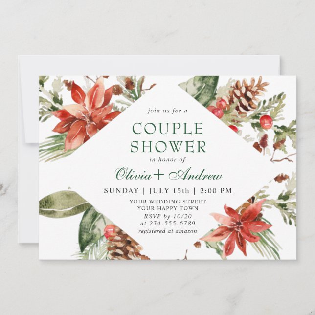 Invitation Elégante DOUCHE D'Aquarelle Rouge Poinsettia COUPL (Devant)