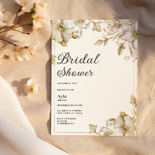 Invitation Élégante douche de mariée florale blanche et or de