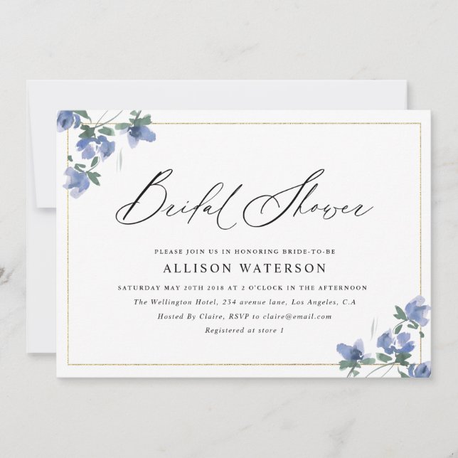 Invitation élégante douche de mariée florale bleue à script n (Devant)
