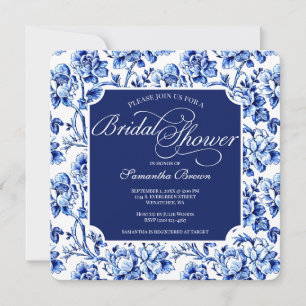 Invitation Élégante douche de mariée florale bleue et blanche
