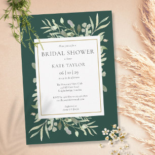 Invitation Élégante Douche de Mariée Vert Émeraude et Feuilla