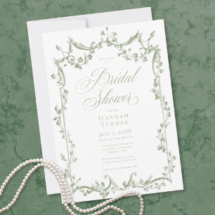 Invitation Élégante Douche Florale Délicate Vert Sauge Classi
