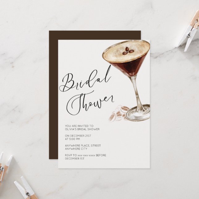 Invitation Elégante douche nuptiale à expresso martini (Devant/Arrière en situation)