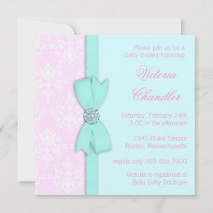 Invitation Elégante douche pour bébé bleu Turquoise et rose