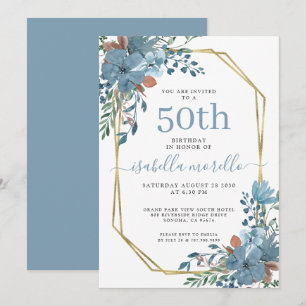 Invitation Elégante Dusty Blue Floral 50e Anniversaire Invita