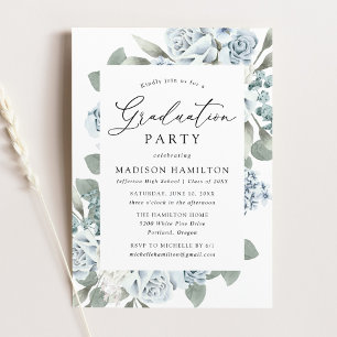 Invitation Élégante Dusty Blue Floral Graduation Party